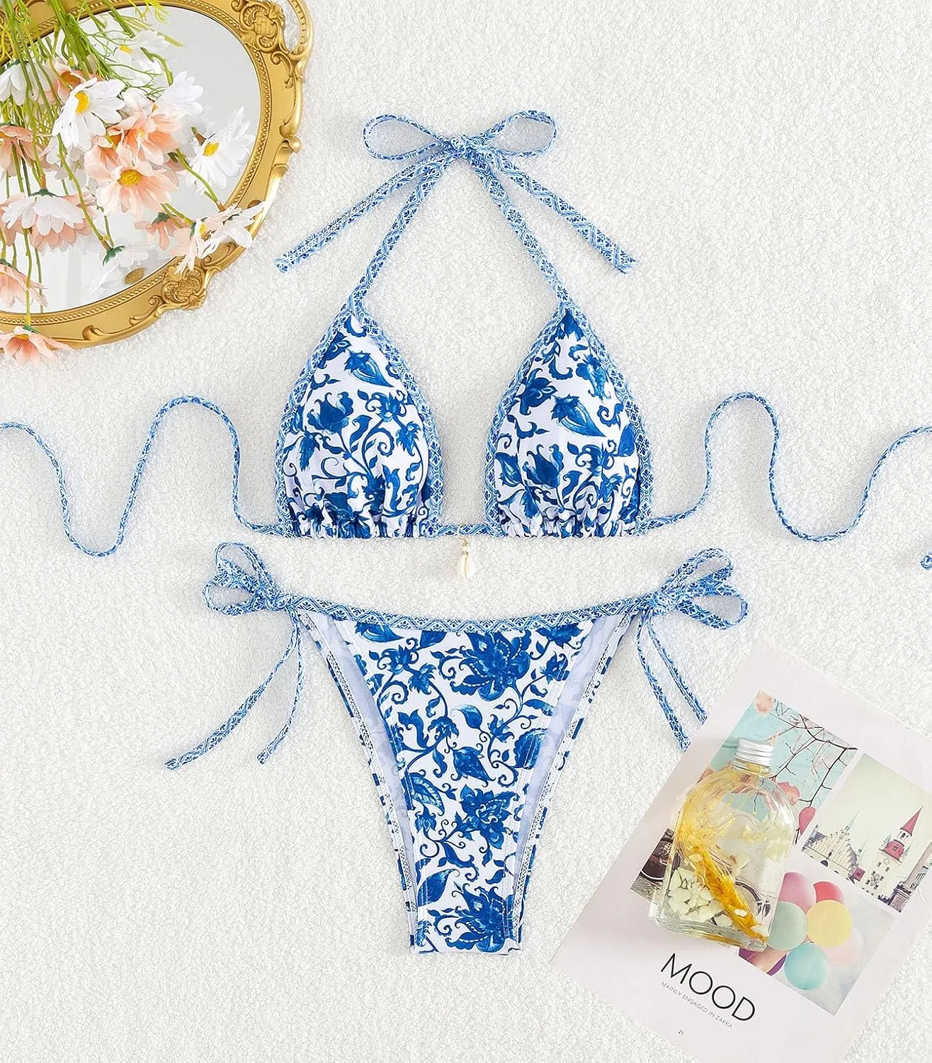 Tainehs Women's Sexy Halter Bikini Set Triangle Top String Swimwear Two Piece Swimsuits Cheeky Bathing Suit