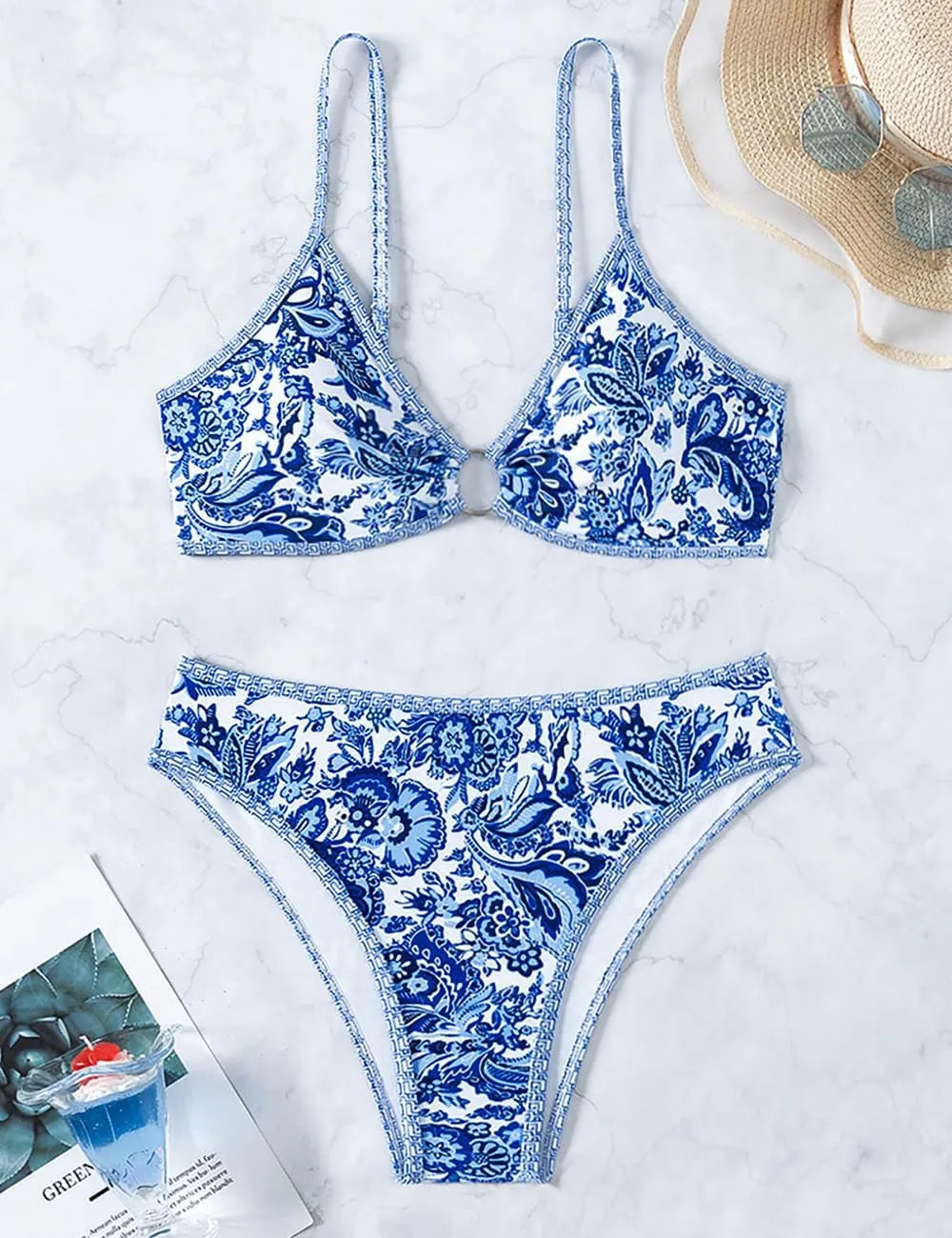 Tainehs Women's Two Piece Bikini Sets O Ring Front Top Ditsy Floral Triangle Swimsuits Cheeky Bathing Suit