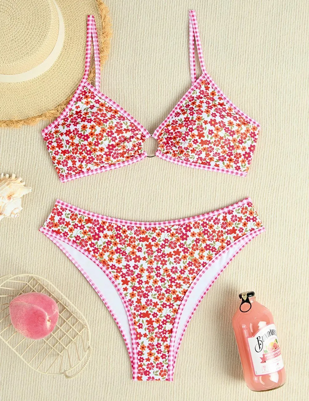 Tainehs Women's Two Piece Bikini Sets O Ring Front Top Ditsy Floral Triangle Swimsuits Cheeky Bathing Suit