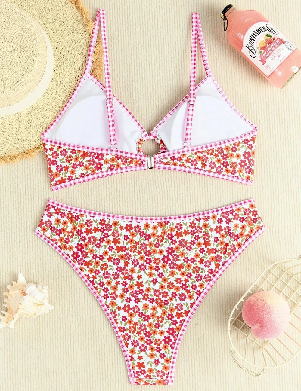 Tainehs Women's Two Piece Bikini Sets O Ring Front Top Ditsy Floral Triangle Swimsuits Cheeky Bathing Suit