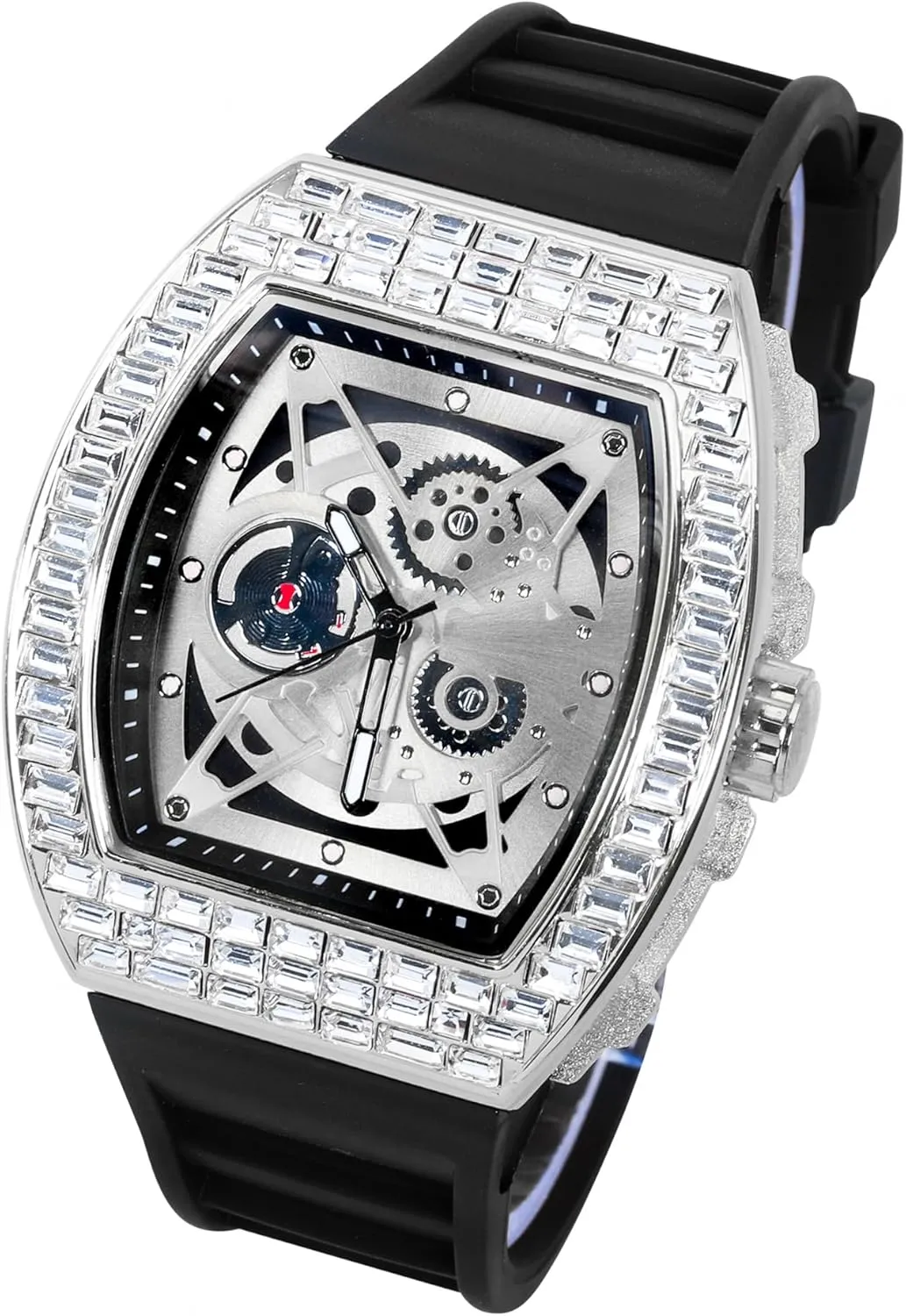 Techno Pave Men's 40mm Iced Out Tonneau Shape Silicone Band Watch