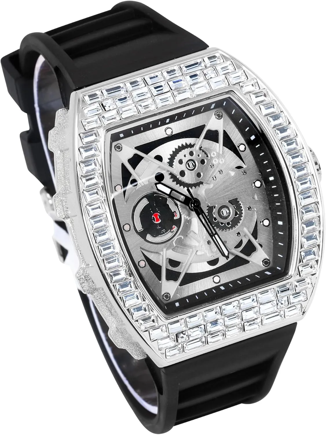Techno Pave Men's 40mm Iced Out Tonneau Shape Silicone Band Watch