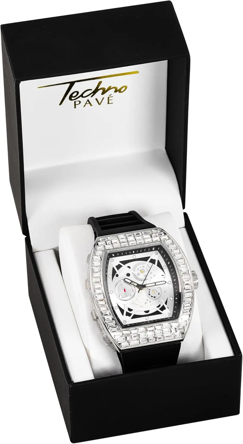 Techno Pave Men's 40mm Iced Out Tonneau Shape Silicone Band Watch