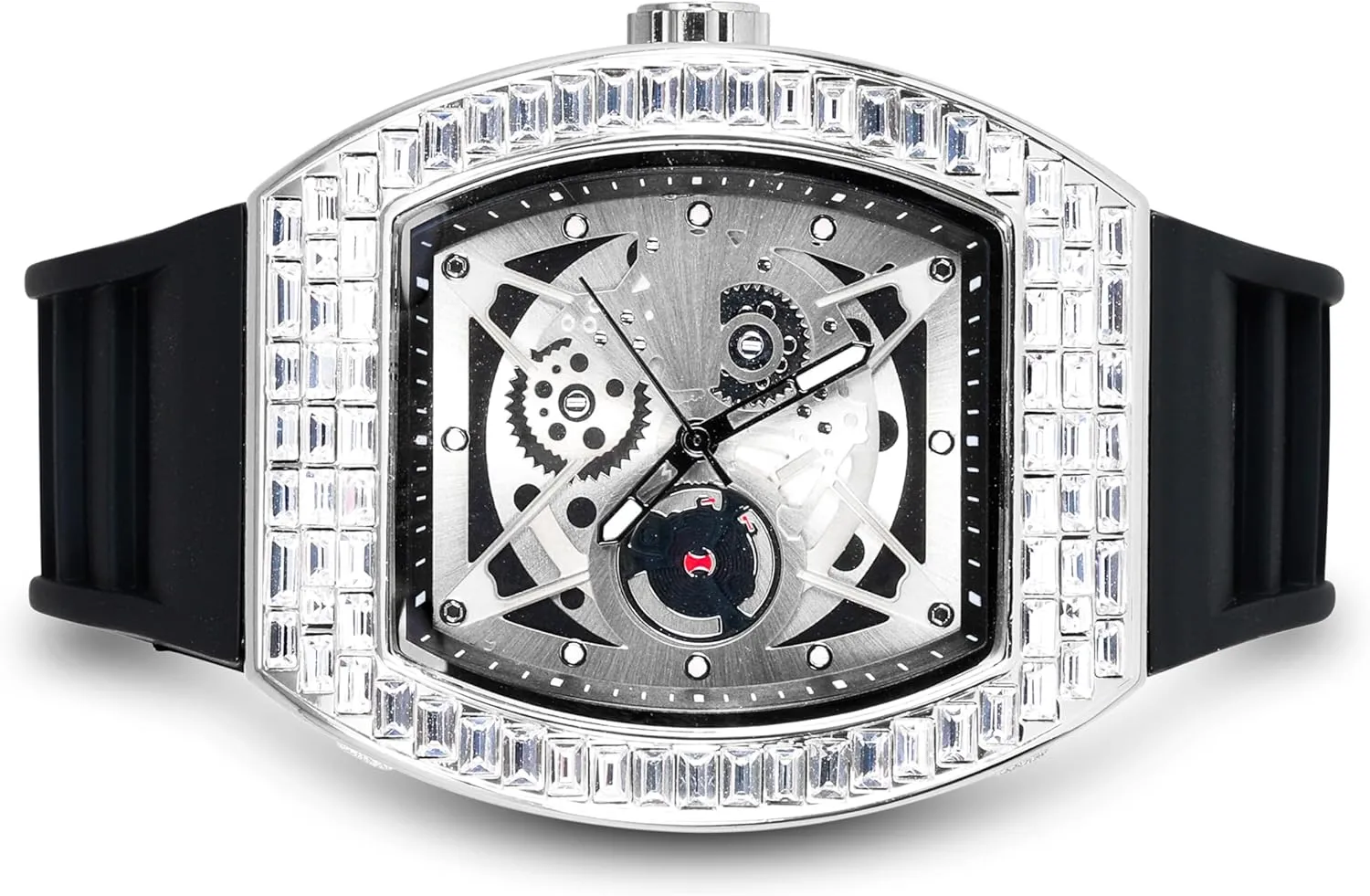 Techno Pave Men's 40mm Iced Out Tonneau Shape Silicone Band Watch