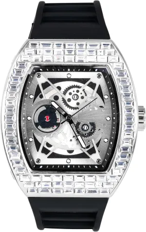 Techno Pave Men's 40mm Iced Out Tonneau Shape Silicone Band Watch