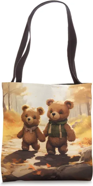 Teddy Bears Walking in Autumn Forest Holding Hands Tote Bag