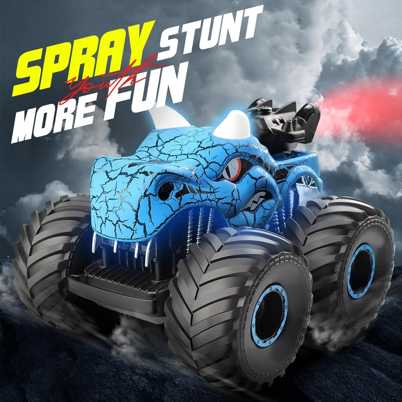 Threeking 1:18 Dinosaur RC Car Remote Control Cars Trucks Toy 4WD Off-Road Car Toys with Lights Spray Suitable for All Terrain Gifts Presents for Boys/Girls Ages 6  Blue