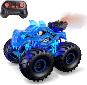 Threeking 1:18 Dinosaur RC Car Remote Control Cars Trucks Toy 4WD Off-Road Car Toys with Lights Spray Suitable for All Terrain Gifts Presents for Boys/Girls Ages 6  Blue