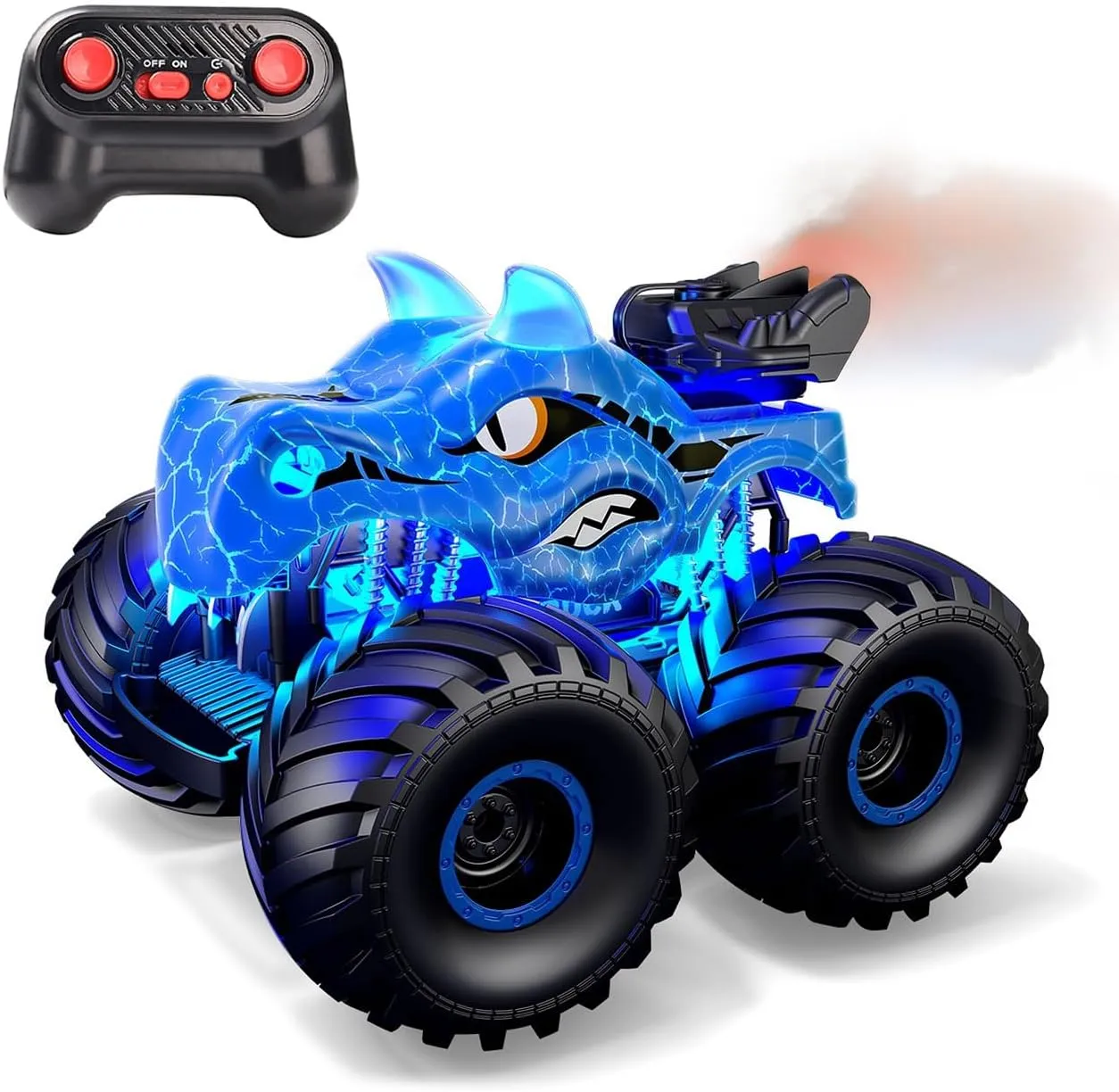 Threeking 1:18 Dinosaur RC Car Remote Control Cars Trucks Toy 4WD Off-Road Car Toys with Lights Spray Suitable for All Terrain Gifts Presents for Boys/Girls Ages 6  Blue