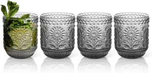 Topsky Vintage Drinking Glass Set of 4,12 oz Embossed Floral Drinkware Set,Gray Drinking Glasses Cups Wine Glasses Colored Glassware for Whisky,Beer,Juice,Cocktail,Heavy Duty