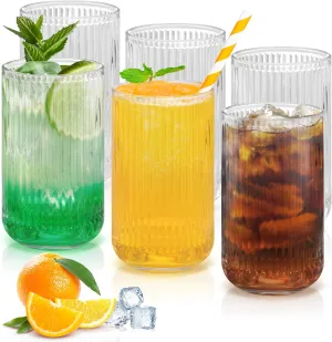 Topsky Vintage Ribbed Drinkware Set of 6, 320ml Origami Style Drinking Glass,11 oz Transparent Glass Cups Wine Glasses for Whisky,Beer,Juice,Cocktail,Heavy Duty