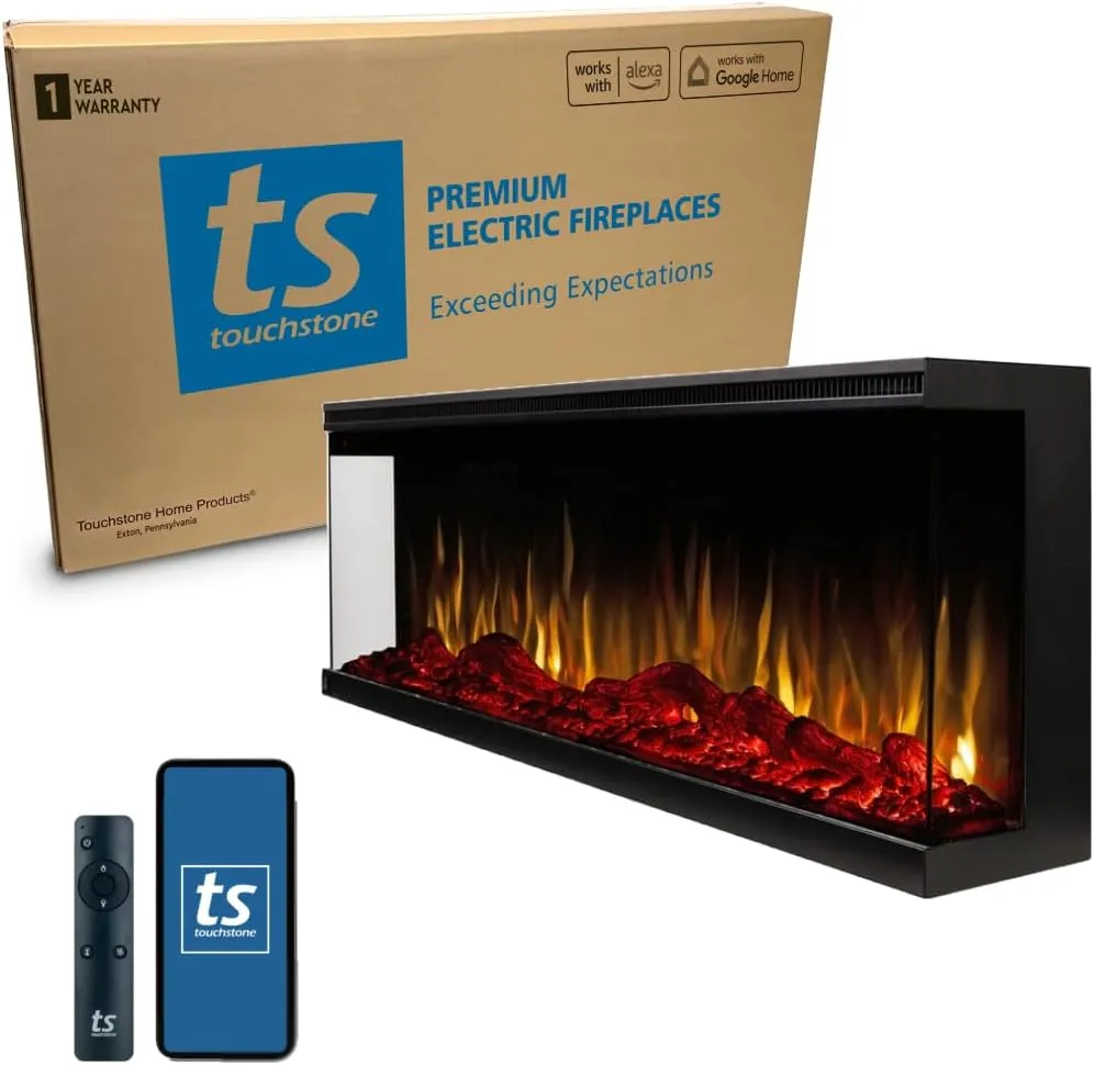 Touchstone Sideline Infinity 3-Sided Smart 60" WiFi-Enabled Electric Fireplace - 80046 - Built-in - 60 Color Combinations - 1,500W Heater - Black - Log & Crystals