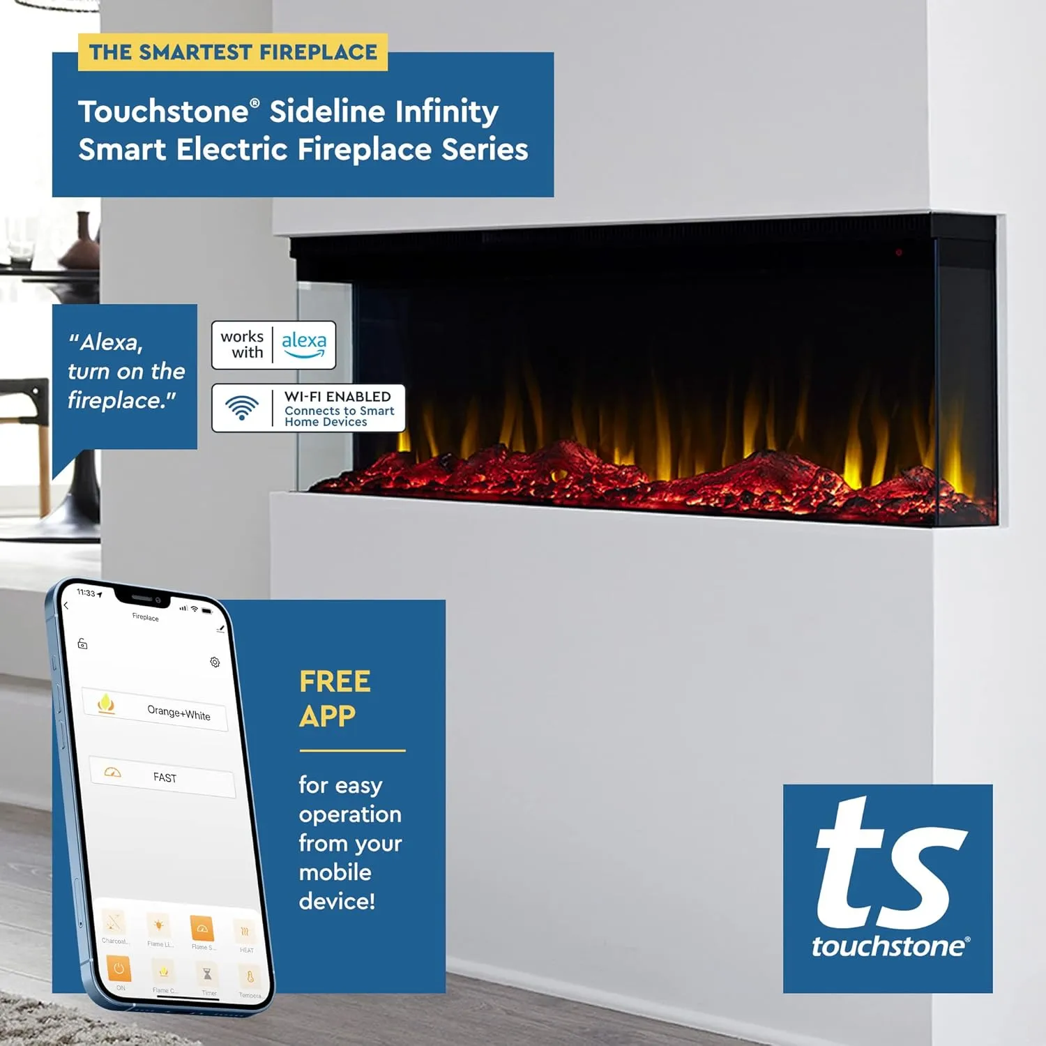 Touchstone Sideline Infinity 3-Sided Smart 60" WiFi-Enabled Electric Fireplace - 80046 - Built-in - 60 Color Combinations - 1,500W Heater - Black - Log & Crystals