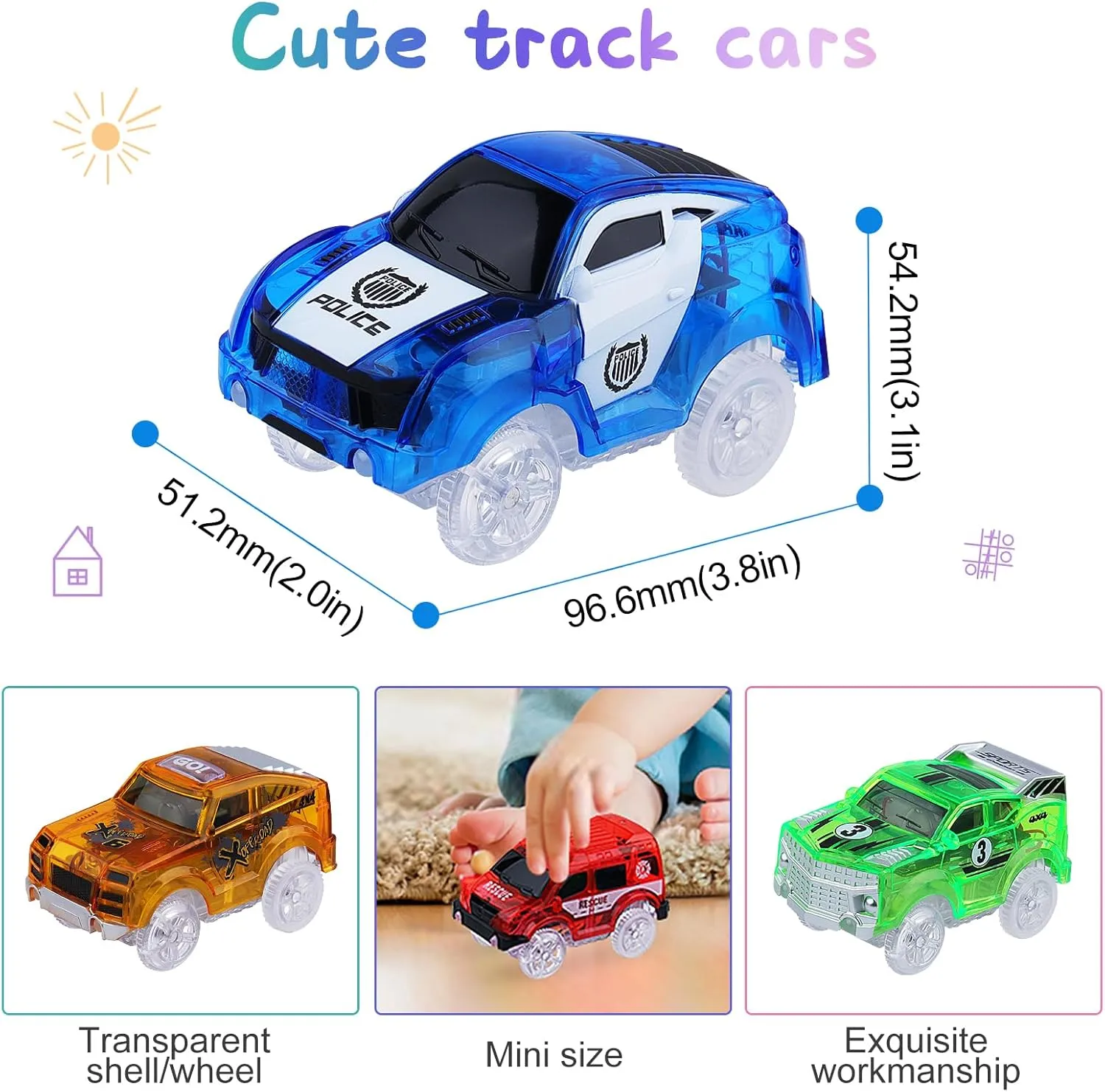 Tracks Cars Magic Light Up Track Cars Toy Glow in The Dark for 3 4 5 6 7 8 Kids Boy Girl, Race Cars with 5 LED Flashing Light Battery Operated Vehicle Compatible w/Most Tracks (4Pcs)