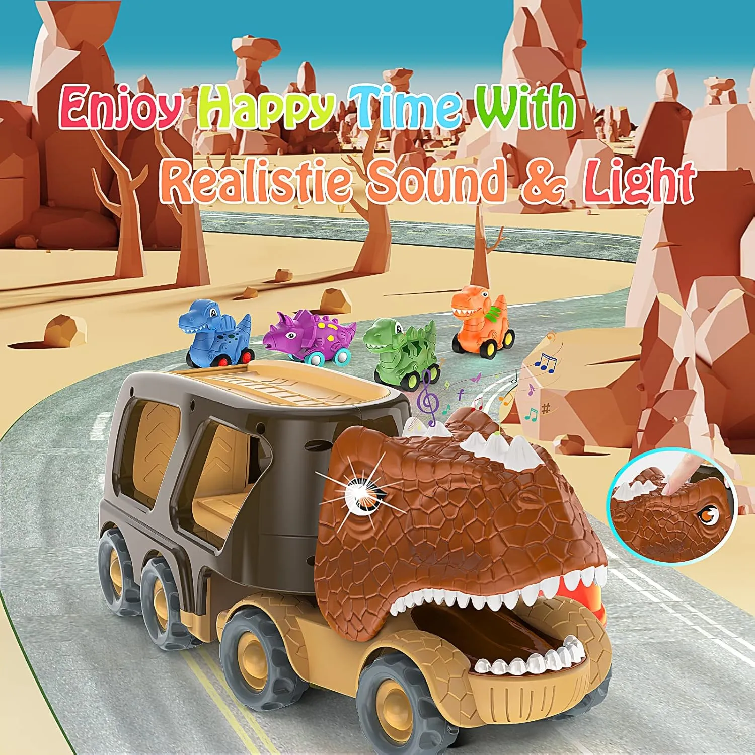 Veslier Dinosaur Car Toy for 2 3 4 5 Years Old Boys, Friction Power Carrier Truck with 4 Pack Small Pull Back Dino Car, Christmas Birthday Gift for 18  Months Boy Girl Kids Toddlers