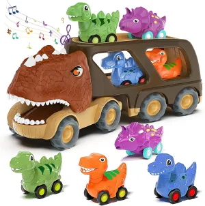 Veslier Dinosaur Car Toy for 2 3 4 5 Years Old Boys, Friction Power Carrier Truck with 4 Pack Small Pull Back Dino Car, Christmas Birthday Gift for 18  Months Boy Girl Kids Toddlers