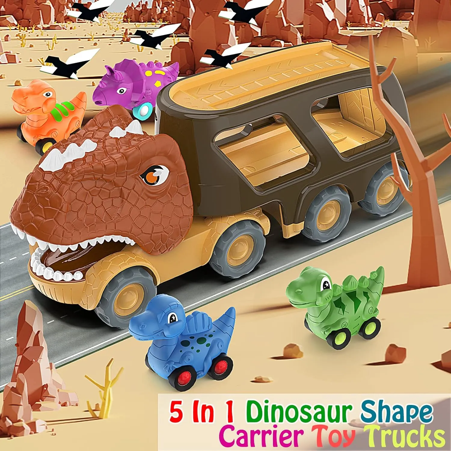 Veslier Dinosaur Car Toy for 2 3 4 5 Years Old Boys, Friction Power Carrier Truck with 4 Pack Small Pull Back Dino Car, Christmas Birthday Gift for 18  Months Boy Girl Kids Toddlers