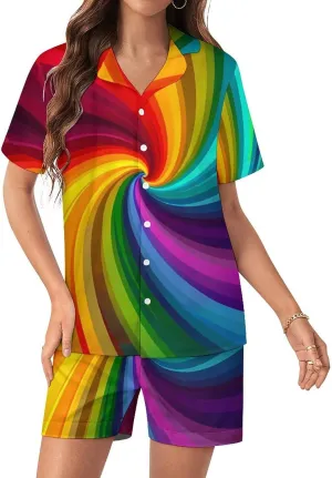 Vortex Swirling Colorful Rainbow Women's Satin Pajama Set Short Sleeve Button Down Sleepwear Loungewear Pj Set