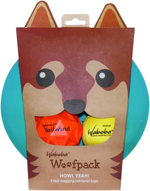 Waboba Woofgames Pet Dog Toys Set - Interactive Boredom Relief Toy Bundle with Rubber Flying Disk & Dog Balls, Throw & Fetch Toys for Puppies & Dogs - Multipack of 3 Toys