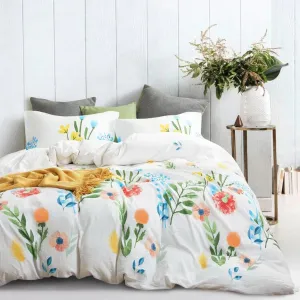 Wake In Cloud - Floral Comforter Set, 100% Cotton Fabric, Colorful Watercolor Cute Flower and Leaves Shabby Chic Cottagecore, 3 Pieces Bedding Set, White Colorful, Twin/Twin XL Size