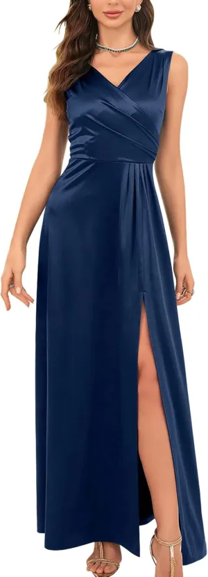 Women's Elegant Wrap V Neck Bridesmaid Prom High Slit Long Dress