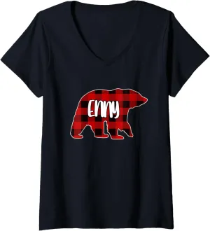 Womens Enny Bear Custom Red Buffalo Plaid Christmas Pajama V-Neck T-Shirt