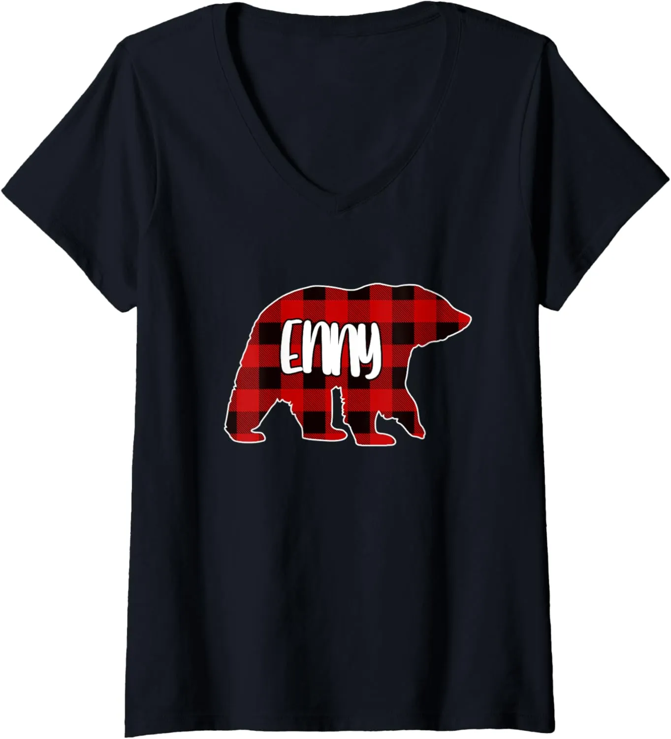 Womens Enny Bear Custom Red Buffalo Plaid Christmas Pajama V-Neck T-Shirt