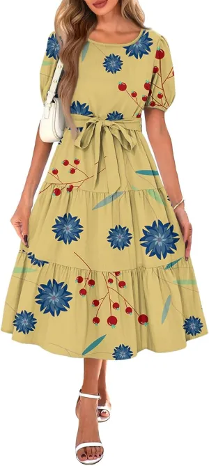 Women's Floral Print Bohemian Midi Dress with Short Sleeves and Waist Tie Casual Summer Beach Vacation Dresses