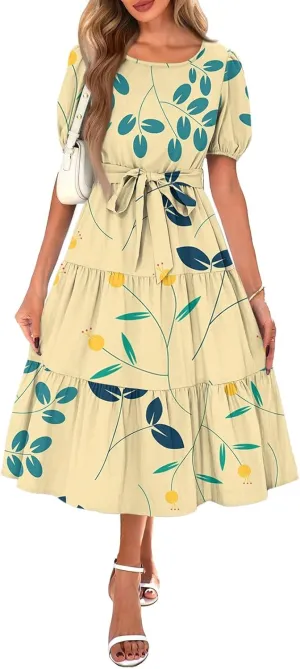 Women's Floral Print Bohemian Midi Dress with Short Sleeves and Waist Tie Casual Summer Beach Vacation Dresses