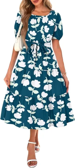 Women's Floral Print Bohemian Midi Dress with Short Sleeves and Waist Tie Casual Summer Beach Vacation Dresses