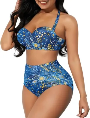 Women's Two Piece Swimsuits Sexy Tummy Control Bikini Sets High Waist Bathing Suits Ruched Ruffle Push Up for Women