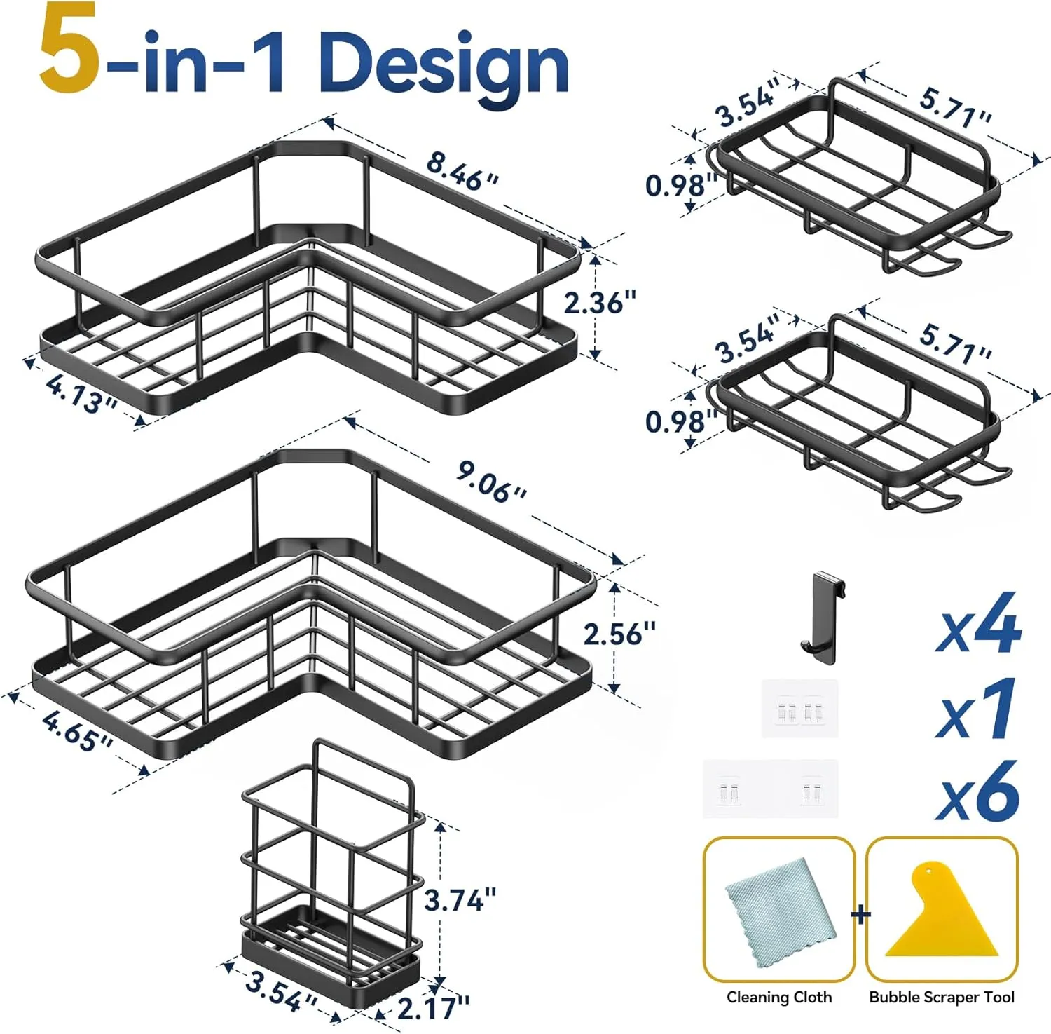 YASONIC Corner Shower Caddy Organizer, 5-Pack Self-Adhesive Rustproof Bath Shelves with Soap Holder & 4 Hooks, Large Capacity Shower Storage Rack for Bathroom Organization, Black
