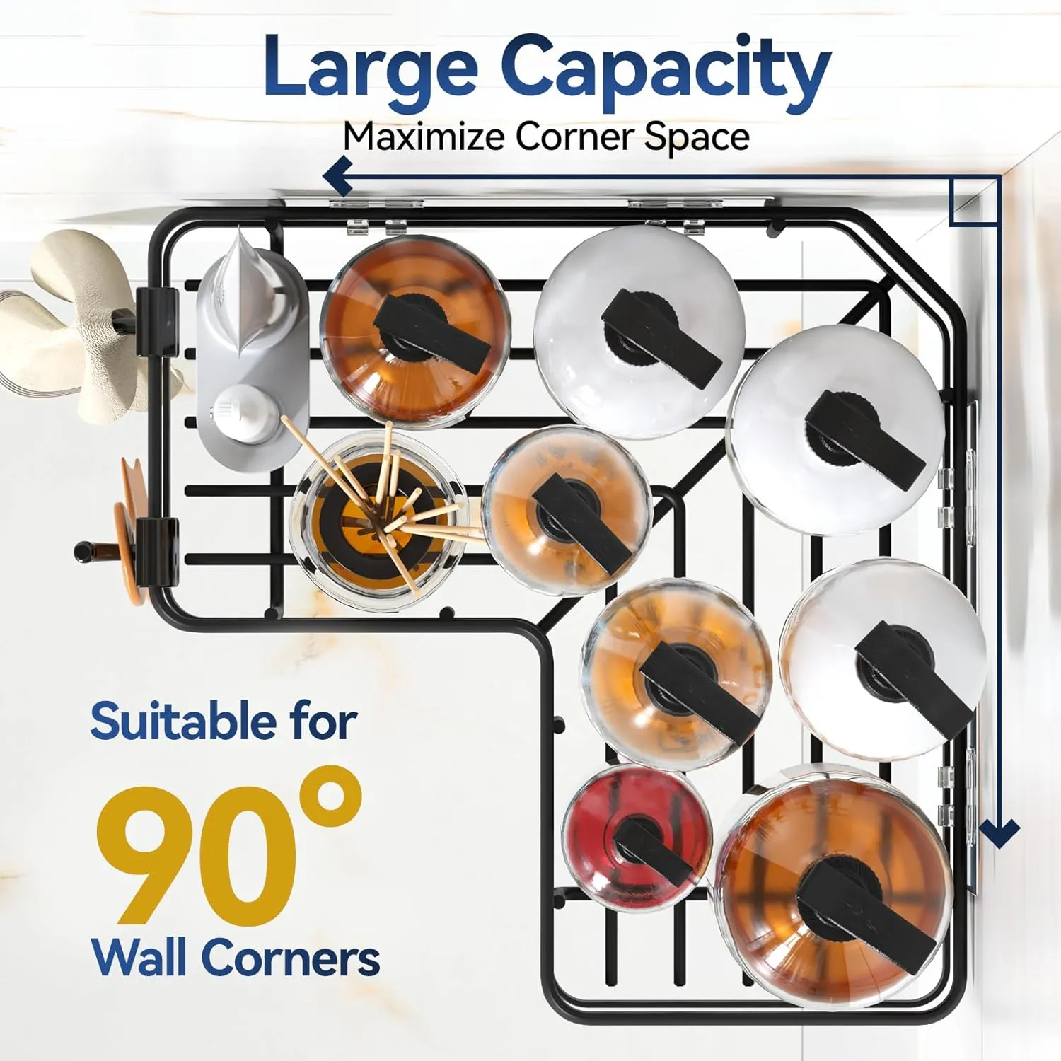 YASONIC Corner Shower Caddy Organizer, 5-Pack Self-Adhesive Rustproof Bath Shelves with Soap Holder & 4 Hooks, Large Capacity Shower Storage Rack for Bathroom Organization, Black