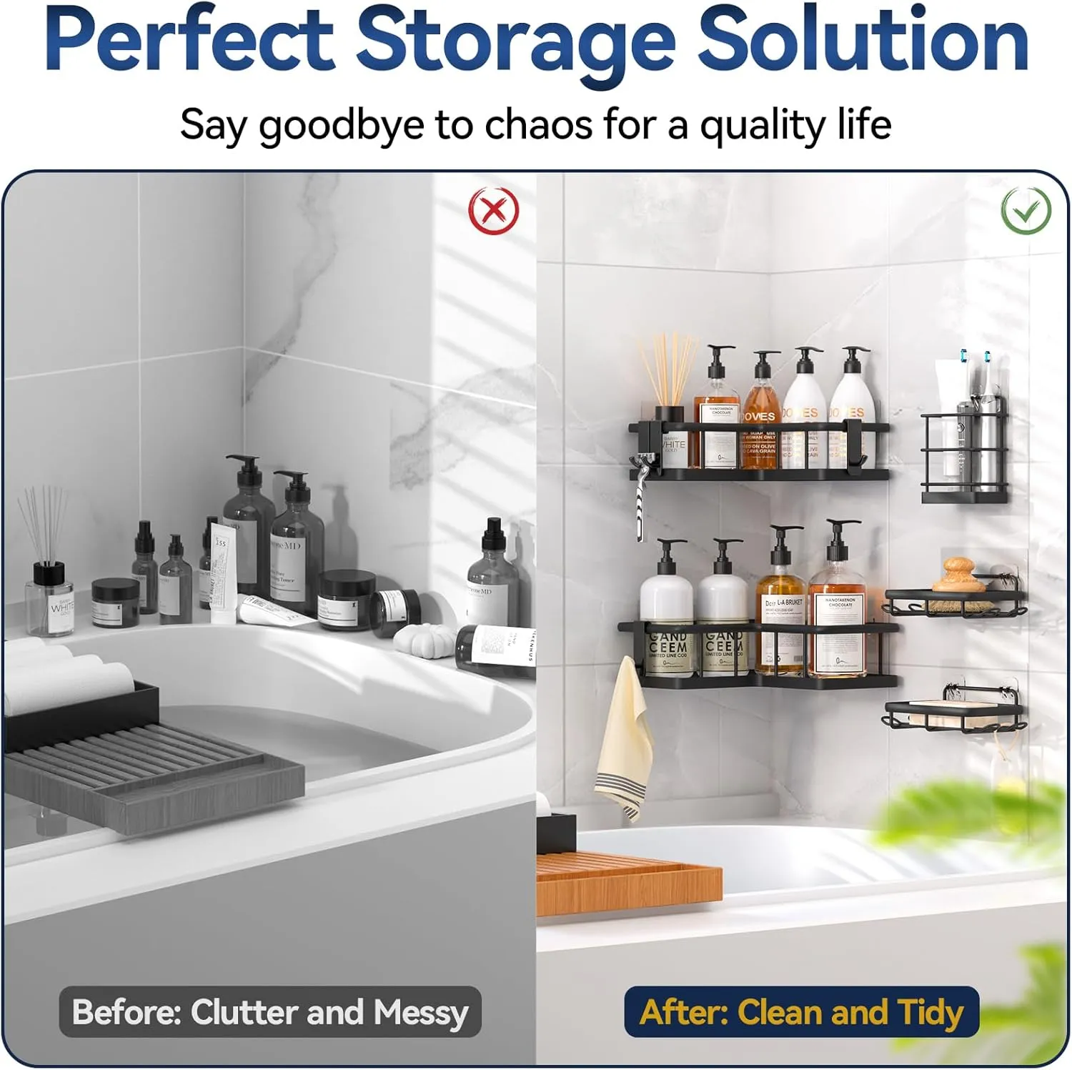 YASONIC Corner Shower Caddy Organizer, 5-Pack Self-Adhesive Rustproof Bath Shelves with Soap Holder & 4 Hooks, Large Capacity Shower Storage Rack for Bathroom Organization, Black