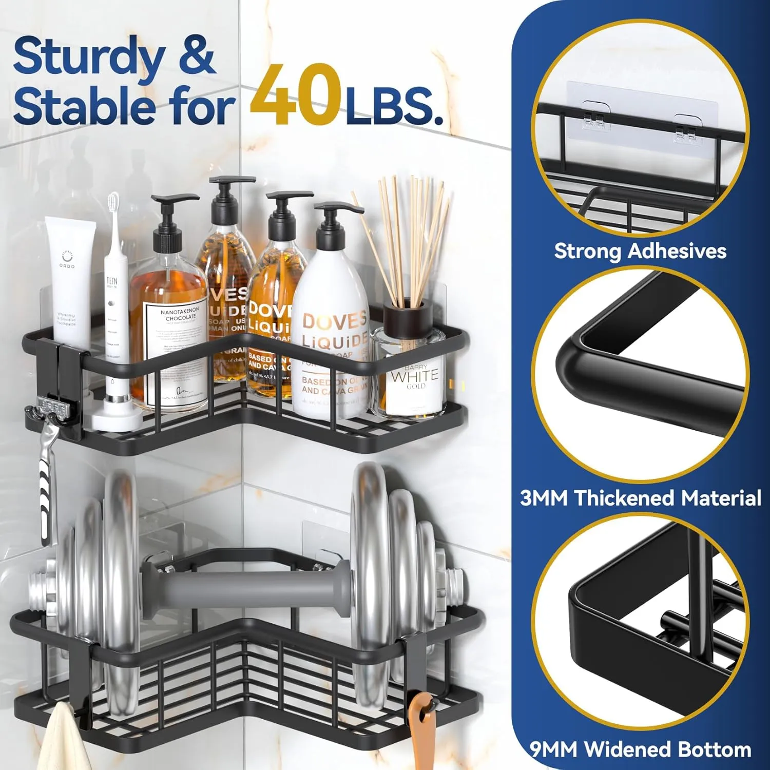 YASONIC Corner Shower Caddy Organizer, 5-Pack Self-Adhesive Rustproof Bath Shelves with Soap Holder & 4 Hooks, Large Capacity Shower Storage Rack for Bathroom Organization, Black