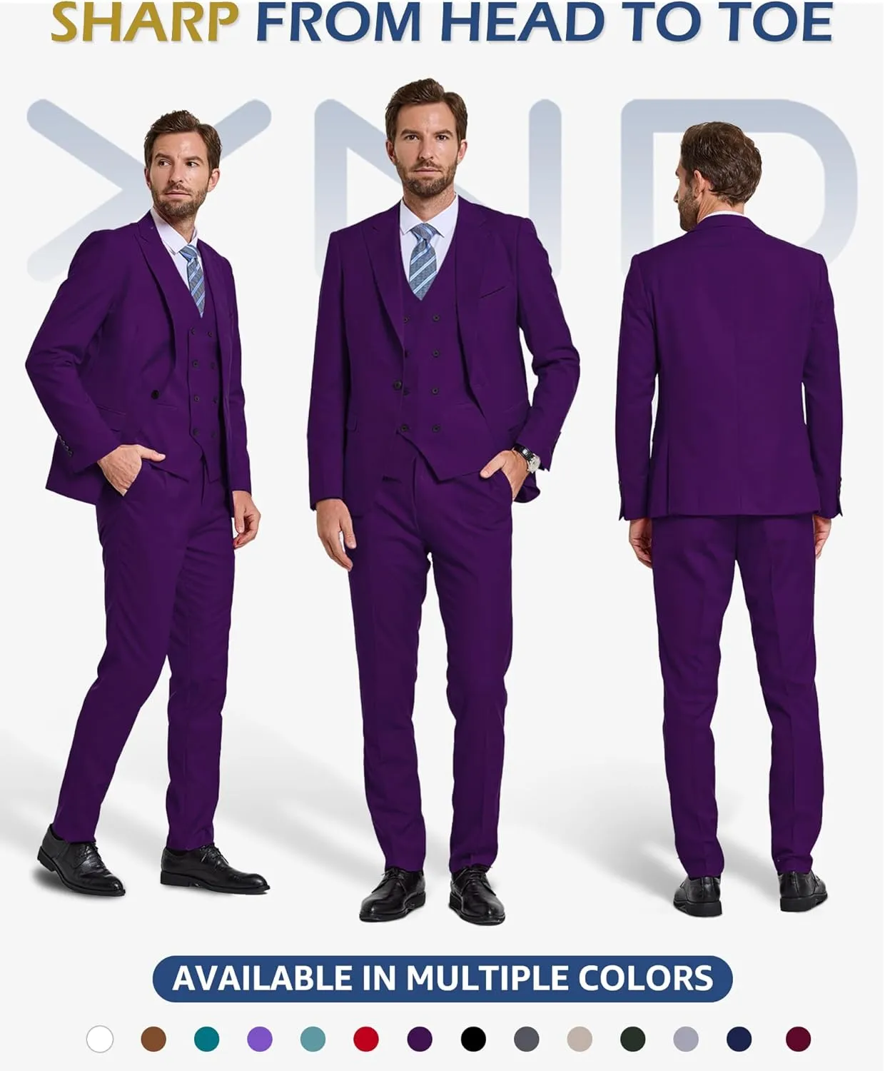 YND Men's 3 Piece Slim Fit Suit Set, One Button Peak Lapel Solid Business Blazer Jacket, Double Breasted Vest Pants and Tie