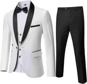 YND Men's 3 Piece Slim Fit Tuxedo Set, One Button Shawl Collar Solid Jacket Vest Pants with Bow Tie
