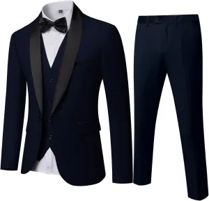 YND Men's 3 Piece Slim Fit Tuxedo Set, One Button Shawl Collar Solid Jacket Vest Pants with Bow Tie