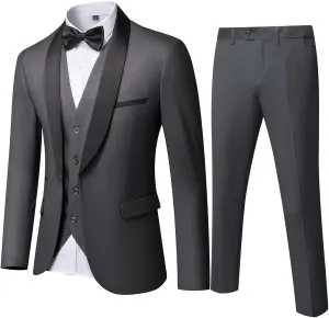 YND Men's 3 Piece Slim Fit Tuxedo Set, One Button Shawl Collar Solid Jacket Vest Pants with Bow Tie