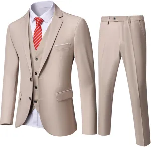 YND Men's Slim Fit 2 Button 3 Piece Suit Set, Solid Blazer Jacket Vest Pants & Tie
