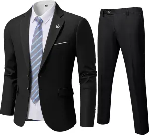YND Men's Slim Fit 2 Piece Suit, 2 Button Notch Lapel Solid Jacket Pants Set with Tie, Party Wedding Dress Blazer Tux