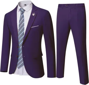 YND Men's Slim Fit 2 Piece Suit, 2 Button Notch Lapel Solid Jacket Pants Set with Tie, Party Wedding Dress Blazer Tux