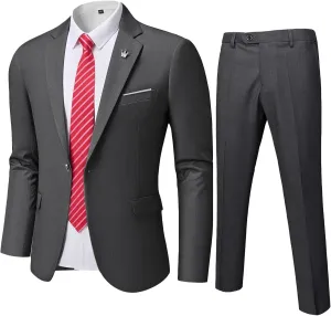 YND Men's Slim Fit 2 Piece Suit, One Button Solid Jacket Pants Set with Tie