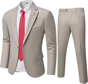YND Men's Slim Fit 2 Piece Suit, One Button Solid Jacket Pants Set with Tie