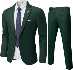 YND Men's Slim Fit 2 Piece Suit, One Button Solid Jacket Pants Set with Tie